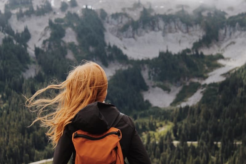 A solo traveler overlooking a forested mountain valley